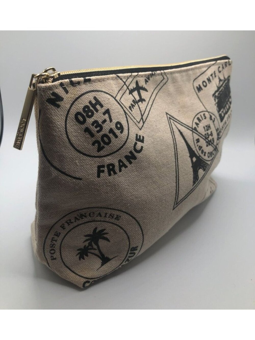 Lancome Cosmetic Bag Beige Black Passport Stamps Toiletry Travel Case Makeup